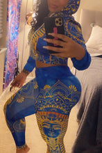 Load image into Gallery viewer, Blue Fashion Casual Print Basic Hooded Collar Long Sleeve Two Pieces