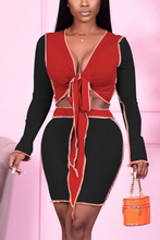 Load image into Gallery viewer, Black Casual Patchwork Bandage V Neck Long Sleeve Two Pieces