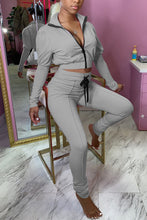 Load image into Gallery viewer, Grey Daily Solid Fold Zipper Collar Long Sleeve Two Pieces