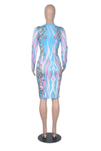 Load image into Gallery viewer, Blue Sexy Print O Neck Wrapped Skirt Dresses