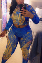Load image into Gallery viewer, Blue Fashion Casual Print Basic Hooded Collar Long Sleeve Two Pieces