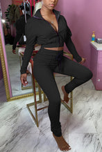 Load image into Gallery viewer, Rose Red Daily Solid Fold Zipper Collar Long Sleeve Two Pieces