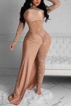 Load image into Gallery viewer, Apricot Fashion Sexy Patchwork See-through O Neck Skinny Jumpsuits
