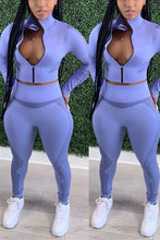 Load image into Gallery viewer, Purple Casual Print Zipper Collar Long Sleeve Two Pieces
