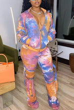 Load image into Gallery viewer, Orange Sportswear Print Tie-dye Zipper Collar Long Sleeve Two Pieces
