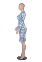 Load image into Gallery viewer, Blue Sexy Print O Neck Wrapped Skirt Dresses
