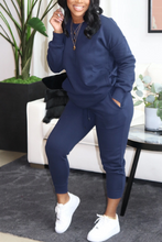 Load image into Gallery viewer, Blue Casual Solid Split Joint O Neck Long Sleeve Two Pieces
